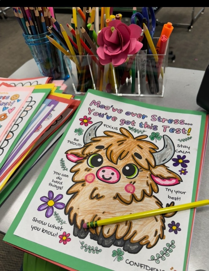 Highland cow test-day coloring page reading Moo've over stress, you've got this test