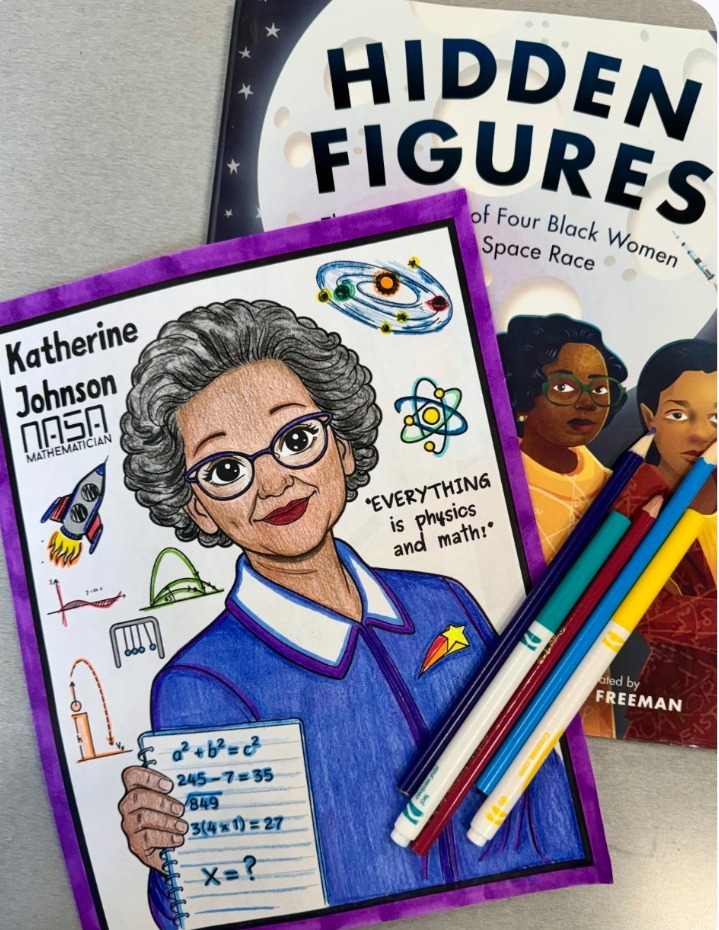 Colored Katherine Johnson NASA mathematician portrait poster next to the Hidden Figures picture book