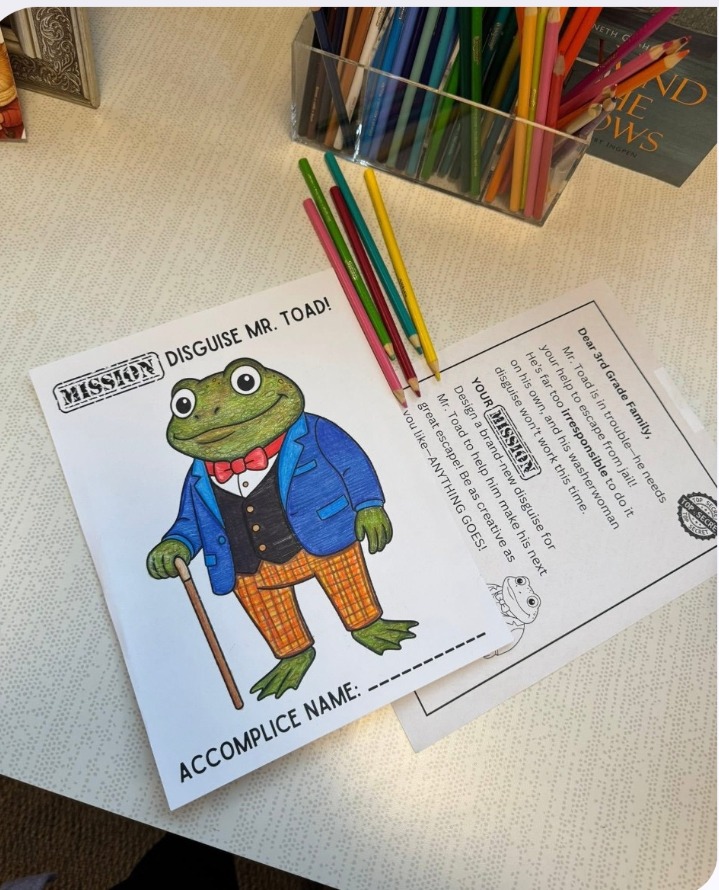 Printable Disguise Mr. Toad craft page with a colored toad cut-out and writing prompt lines