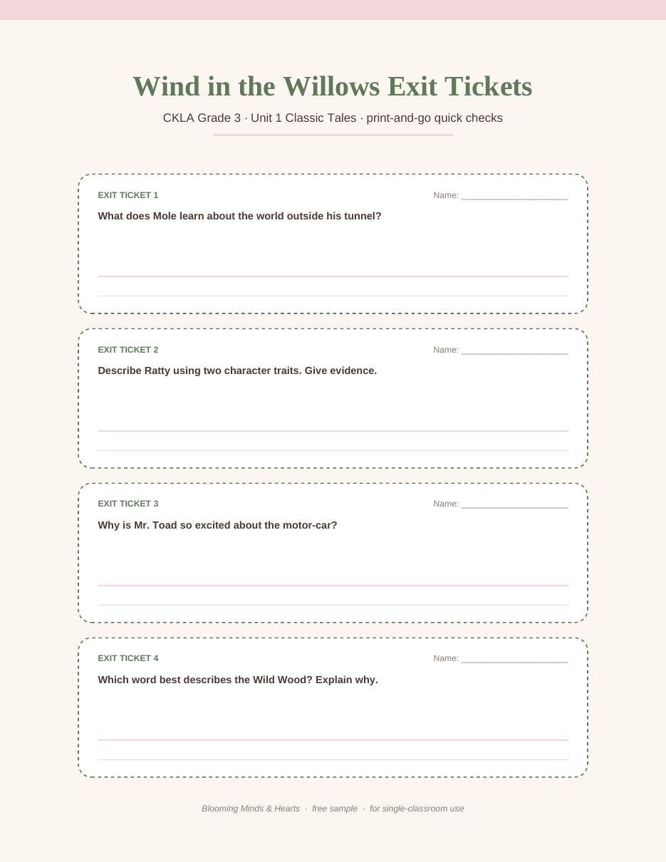 Page 1 of the free Wind in the Willows exit tickets PDF for CKLA Grade 3 Unit 1 Classic Tales, showing four dotted-line exit ticket boxes with comprehension questions about Mole, Ratty, and Mr. Toad