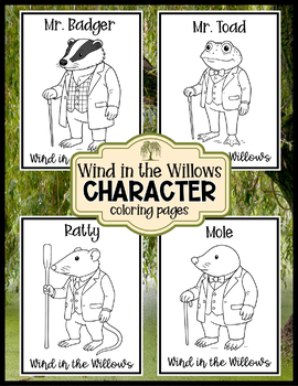 Wind in the Willows character coloring pages featuring Mole, Rat, Badger, and Mr. Toad